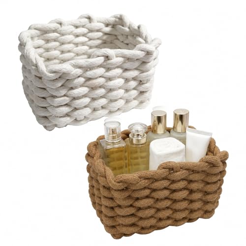 Woven Baskets 2 Pcs White and Brown, Small Storage Basket & Basket Organizer, Decorative Basket for Home, Countertop Cosmetics Toys Wardrobe Living Room Bedroom Desktop Storage and Decoration - color: White and Brown