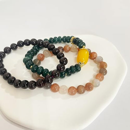 Beaded Strand Bracelets for Women Natural Green Crystal Stone Beads Stretch Bracelet with Yellow Stone Top Bead Attract Wealth and Health - color: Colorful Moonlight