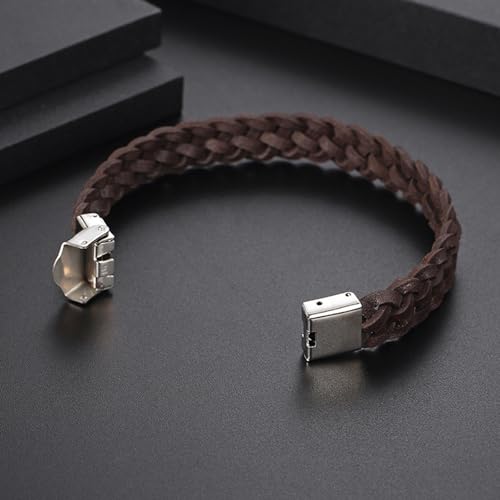 Men's Leather Bracelet, Stackable Stainless Steel Clasp Bracelets for Men Stylish Birthday, Thanksgiving, Valentine's Day Gift for My Man - style: 8.2" Braided Brown Leather