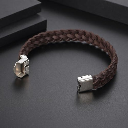 Men's Leather Bracelet, Stackable Stainless Steel Clasp Bracelets for Men Stylish Birthday, Thanksgiving, Valentine's Day Gift for My Man - style: 8.2" Braided Brown Leather