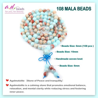 AD Beads 6mm 8mm 108 Prayer Mala Jasper Elastic Bracelet - Handmade Yoga Meditation Healing Power Energy Gifts for Unisex Adult. - color: Agalmatolite (Peace)