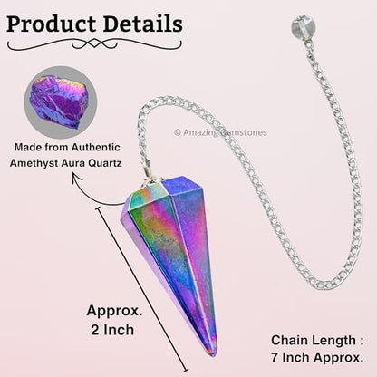 Amazing Gemstone Amethyst Aura Quartz Crystal Pendulum for Divination - Certified Dowsing Crystals and Healing Stones for Chakra Balancing and Meditation - Enhance Reiki Spiritual Growth - color: Amethyst Aura Quartz
