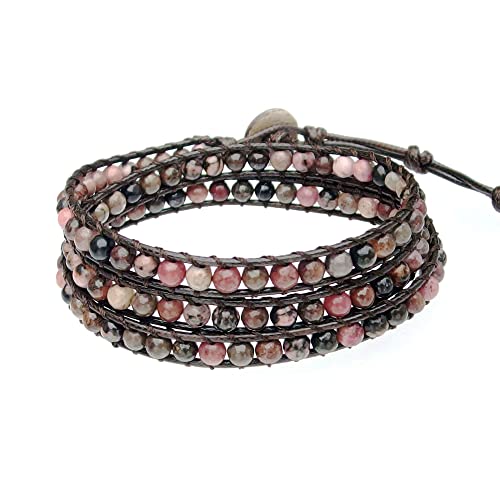 Genuine Stone Wrap Bracelets for Women Natural Crystal Beaded Wrap Bracelet 2/3/5 Adjustable Bohemian Bracelets Jewelry Gifts for Women Mom - color: rhodonite(3 wraps)