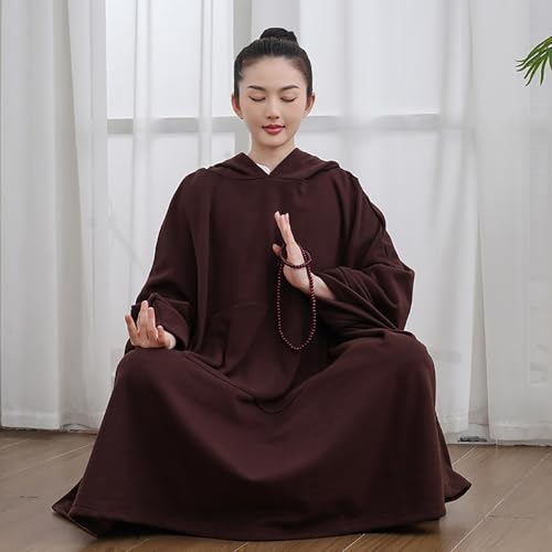 Unisex Meditation Buddhist Hooded Cloak Thickened Warm Loose Coat - color: Coffee, size: X-Large