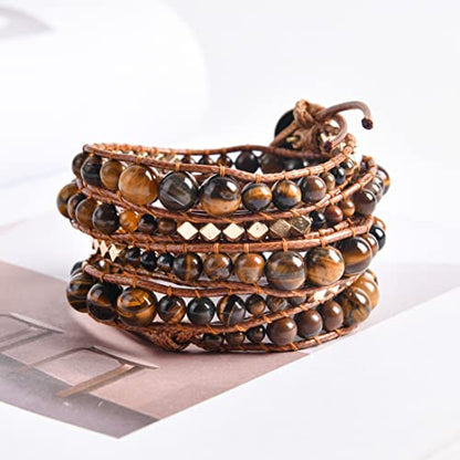 YGLINE Natural Stone Wrap Bracelet for Women Boho Bracelets Healing Crystal Beaded Bracelet Adjustable 3/5 Wraps Bracelet Handmade Birthday Gifts for Women - color: tiger eye-5w