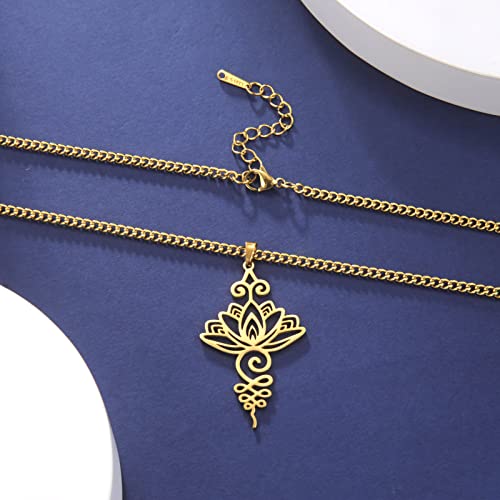 Dreamtimes Lotus Flower Pendant Necklace for Women Yoga Healing Charms Unalome Symbol Amulet Stainless Steel Jewelry Lotus Flower Necklace Buddha Yoga Necklace - color: GOLD