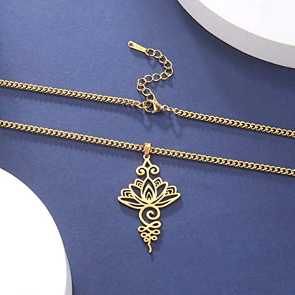 Dreamtimes Lotus Flower Pendant Necklace for Women Yoga Healing Charms Unalome Symbol Amulet Stainless Steel Jewelry Lotus Flower Necklace Buddha Yoga Necklace - color: GOLD