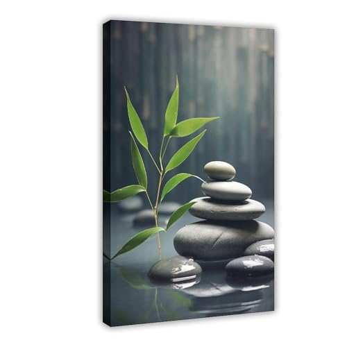 Bamboo Leaves Zen Art Style Zen Stones Tranquility Wall Art Canvas Picture Posters for Living Room Bedroom Home Office Decor 16x24inch(40x60cm) Frame-style - color: Frame-style, size: 16x24inch(40x60cm)