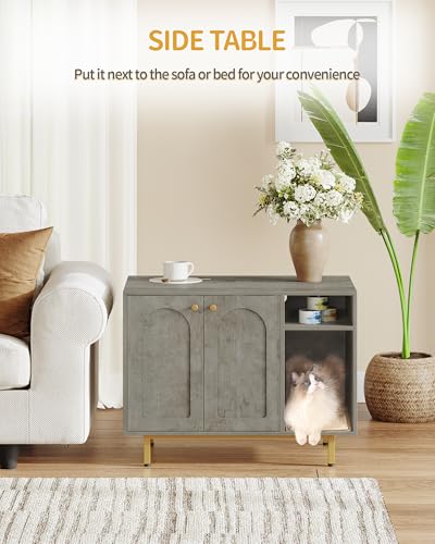 Hzuaneri Cat Litter Box Enclosure Enclosed, Hidden Litter Box Cabinet Furniture with Storage, Wooden Indoor Cat House Large, Modern End Table for Living Room Entryway, Greige and Gold CB01505G - color: Greige and Gold