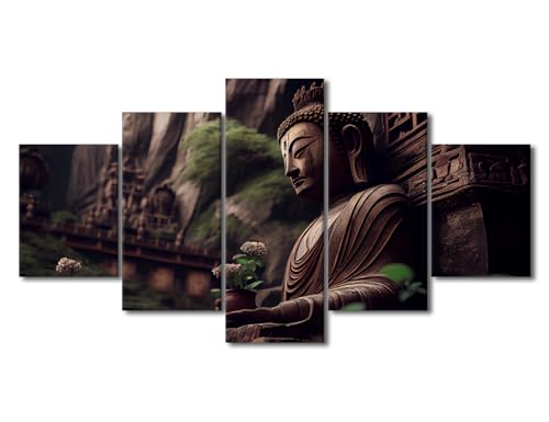 TUMOVO Room Wall Pictures Buddhist Sculpture in Tranquil Wall Art Buddhist Meditates Paintings Zen Artwork Giclee 5 Pieces Prints on Canvas Bedroom Home Decor Framed Ready to Hang, 60" Wx32 H - color: Artwork-02, size: 60"Wx32"H