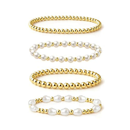 Zeffy Gold Pearl Beaded Bracelet for Women, 14K Gold Plated Jewelry Set With Paperclip Link Chain, Trendy Stack Bracelets - style: 4PCS Pearl Beaded Bracelets