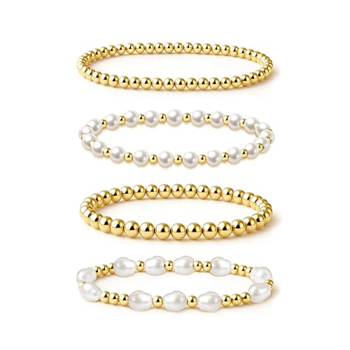 Zeffy Gold Pearl Beaded Bracelet for Women, 14K Gold Plated Jewelry Set With Paperclip Link Chain, Trendy Stack Bracelets - style: 4PCS Pearl Beaded Bracelets