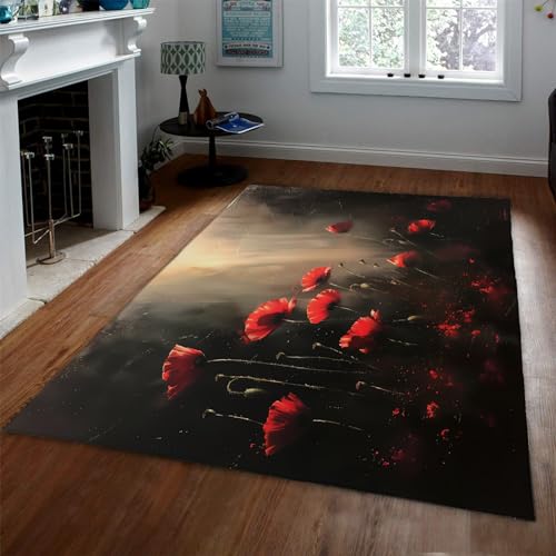 Meditation Area Rugs 4x5 Fluffy Cozy Red Floral Rug Lightweight Low Pile Anti Fatigue Carpets with Rubber Backing for Bedroom Study - size: 4'x5'/48x60inch/122x153cm
