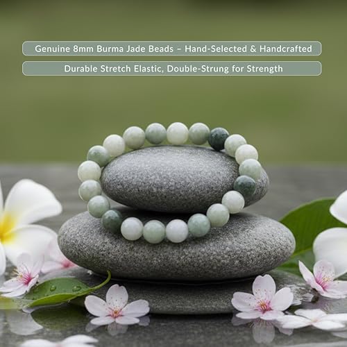 Cherry Tree Collection Tigers Eye Bracelets Plus Over 40 Other Stones – Gemstone Beads for Men & Women, Promotes Protection, Courage, Focus, Balance & Luck – Available in S, M, L with 8mm Round Beads - color: Burma Jade, size: Large