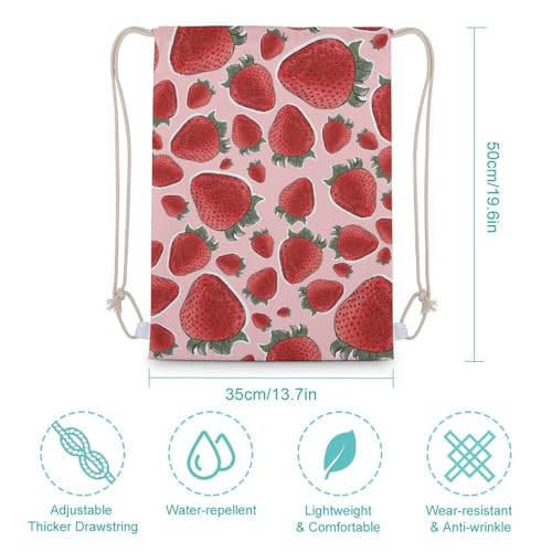 Strawberry Fruit Pink Portable Canvas Drawstring Backpack with Drawstring Pockets 35x50cm - color: Strawberry Fruit Pink, size: 35x50cm