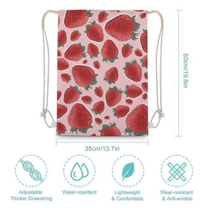 Strawberry Fruit Pink Portable Canvas Drawstring Backpack with Drawstring Pockets 35x50cm - color: Strawberry Fruit Pink, size: 35x50cm