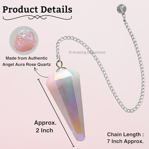 Amazing Gemstone Angel Aura Rose Quartz Crystal Pendulum for Divination - Certified Dowsing Crystals, Healing Stones for Chakra Balancing, Meditation - Enhance Reiki Spiritual Growth - color: Angel Aura Rose Quartz