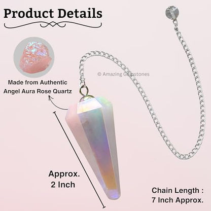 Amazing Gemstone Angel Aura Rose Quartz Crystal Pendulum for Divination - Certified Dowsing Crystals, Healing Stones for Chakra Balancing, Meditation - Enhance Reiki Spiritual Growth - color: Angel Aura Rose Quartz