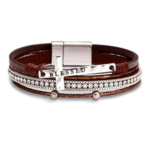 Fesciory Leopard Bracelet for Women, Boho Leather Wrap Multi-Layer Pearl Crystal Bracelet Bangle Jewelry - style: Blessed Cross(Brown)