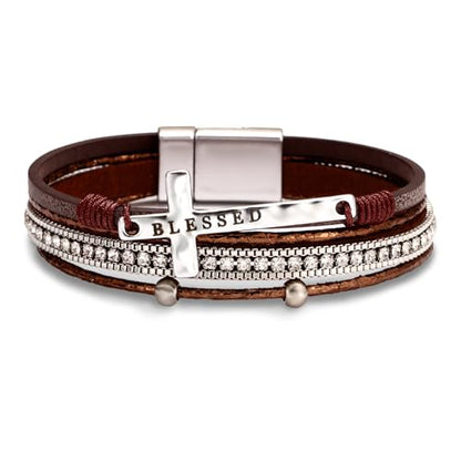 Fesciory Leopard Bracelet for Women, Boho Leather Wrap Multi-Layer Pearl Crystal Bracelet Bangle Jewelry - style: Blessed Cross(Brown)