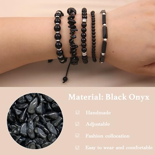 5Pcs Healing Crystal Bracelet for Women Men, Handmade Adjustable Gemstone Bracelets Beaded Reiki Energ Bracelet Set Jewelry Gifts for Women Men - color: Black Onyx