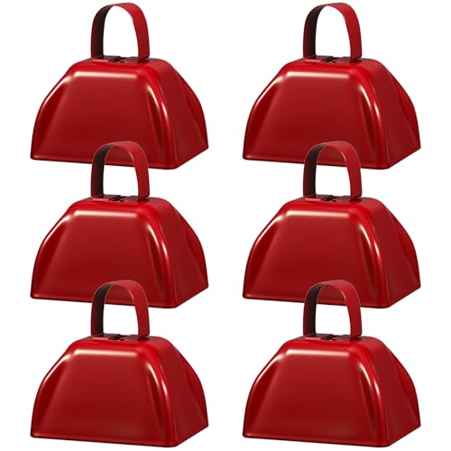 6 Pcs 3 Inch Metal Cowbells Noise Maker Hand Percussion Cow Bells with Handles for Sporting Events Cheering Noisemakers Weddings Team Spirit Sports Party Favors (Red) - color: Red