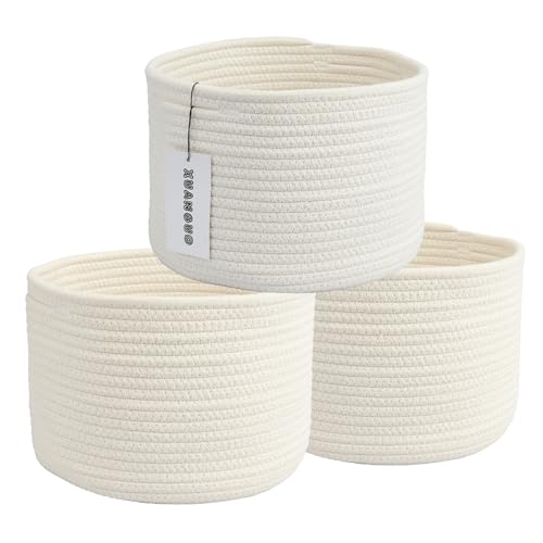 XUANGUO Woven Cotton Storage Baskets - 3-Pack Round Bins (10x10x7'') for Shelves, Closets & Bookcases | Durable Rope Organizers for Nursery, Baby, Toys, Easter & More (white) - color: white