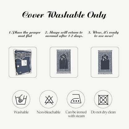 Muslim Prayer Mat 2-in-1 Travel Rug with Removable Washable Cover, Thick Foam Janamaz Sajadah, Minimalist Star & Moon Islamic Design, Non-Slip, 31.5"x47.2" - color: Green