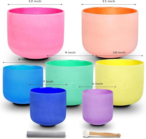 Set of 7 6-12 inch Color Tuned 432hz Quartz Crystal Singing Bowls with Heavy Duty Carrying Cases and Singing Bowl Mallets Multi - color: Set of 7, Colour