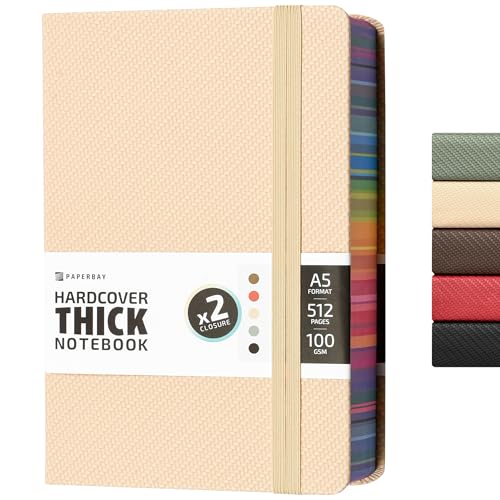 A5 Hardcover Thick Notebook 500 Pages, 5.7 x 8.3 inch Big Daily 365 Women or Men Journal for Writing with Spray Edges, Lined Paper Diary Journaling Notebook for Work (Beige) - color: Beige