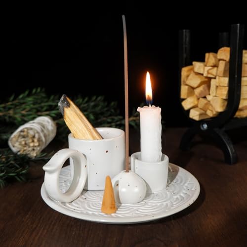 MOUGIGI 5-in-1 White Ceramic Palo Santo Burner & Holder - Small Candle and Smudge Tray for Incense Sticks & Cones, Sage, Zen Meditation Altar Accessory – Compatible with Matches for Aromatic Scents - color: Multifunctional Palo Plate-white