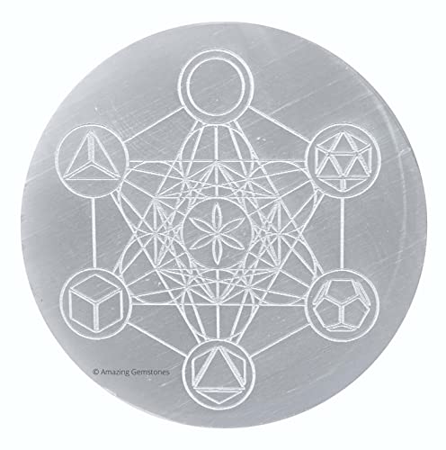 Amazing Gemstone Selenite Crystal Charging Plate For Crystals And Healing Stones, 3" Selenite Crystal Plate Engraved Metatron Platonic Solid Coaster For Home, Office Table Decor (Selenite Round Disc) - color: Metatron (Platonic Solid)