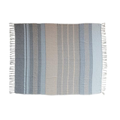 Creative Co-Op Striped Cotton Blend Throw with Fringe, Light Blue