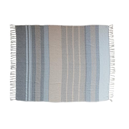 Creative Co-Op Striped Cotton Blend Throw with Fringe, Light Blue