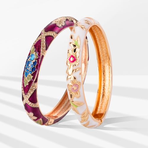 UJOY Classic Cloisonne Bracelets Enamel Jewelry Plated Bamboo Flower Cuff Metal Bangle for Women Gift Box - color: A103-2 PCS Set-White and Purple