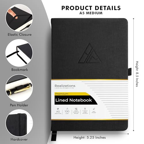 Realizations Journaling Notebooks with Pen Holder | Lined Notebook | 222 Pages Notebook Journal with 100 GSM Paper | Journal Notebooks for Work - color: Black