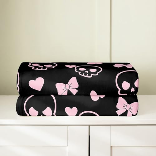 Castle Fairy Cartoon Skull Flannel Fleece Throw Blanket 40"x50" Pink Bowknot Love Heart Fuzzy Blanket for Sofa Couch Modern Girly All Season Bed Blankets Lightweight Plush Blankets,Black Pink - color: Black Pink, size: 40"×50"