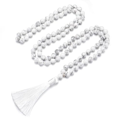 8MM Beads Chakra Long Mala Necklace Natural Stone Meditation Statement Necklace Japa Yoga Buddhist Rosary Prayer Charm Beaded Tassel Necklace - color: White Turquoise