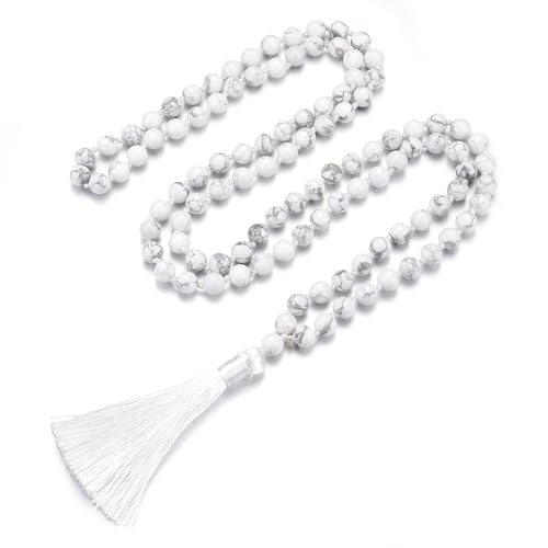 8MM Beads Chakra Long Mala Necklace Natural Stone Meditation Statement Necklace Japa Yoga Buddhist Rosary Prayer Charm Beaded Tassel Necklace - color: White Turquoise