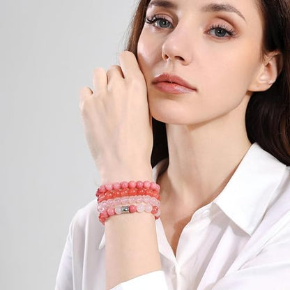 Fengling 4 PCS Beaded Crystal Bracelet for Women 8mm Natural Gemstones Handmade Bracelet for Girls Healing Stretch Bracelets Crystal Jewelry for Women Gifts - color: Pink Crystal&Watermelon crysta&Rose Quartz