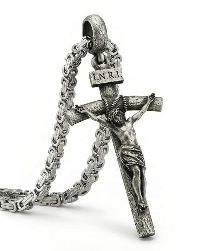 Catholic Crucifix Necklace for Men and Women, Exquisite Medium/Large Crucifix Pendant, Vintage Gold&Silver Tone, Faith Jewelry with Luxury Gift Box - color: Vintage Silver, size: 22 Inch=56CM(Most Popular Choice), style: Medium Pendant