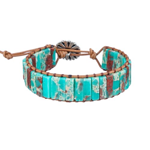 Women Boho Handmade Natural Stone Crystal Leather Bead Wrap Bracelets Collection - style: Blue Agalmatolite 1W