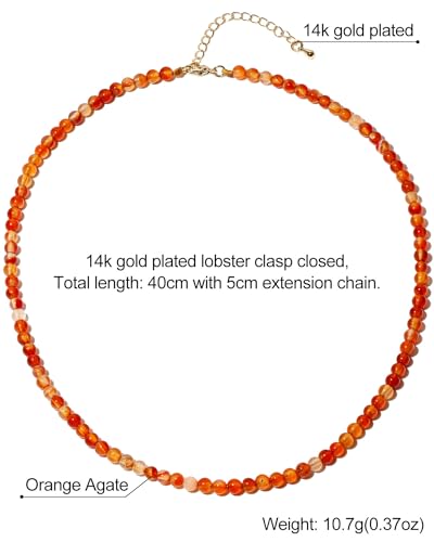 Simple Choker Necklace for Women Real Stone and Crystals Necklaces 4mm Beaded Choker Jewelry Meditation Gift for Women (16"+2") - style: Orange Agate
