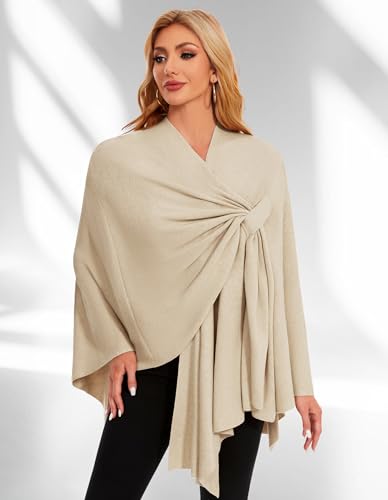 PULI Womens Elegant Cross Front Shawl Wraps Knitted Ponchos Cape Light Weight Poncho Sweater Soft Warm Travel Wraps - color: Barley Twist