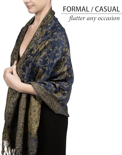 Achillea Reversible Paisley Pashmina Rave Scarf – Exotic Indian Shawls and Wraps for Evening Dresses, Festivals, All Seasons - color: Light Navy