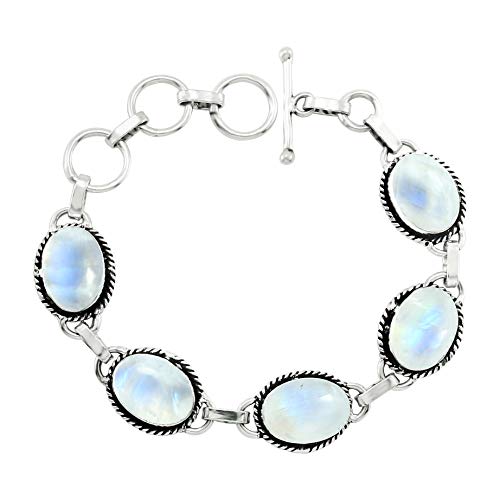 Oval Shape Natural & Synthetic Gemstones 925 Silver Plated Handmade Link Bracelets for Women - Birthstone Vintage Style Bohemian Adjustable Bracelet - Gifts for Wedding Anniversary Christmas - color: Moonstone