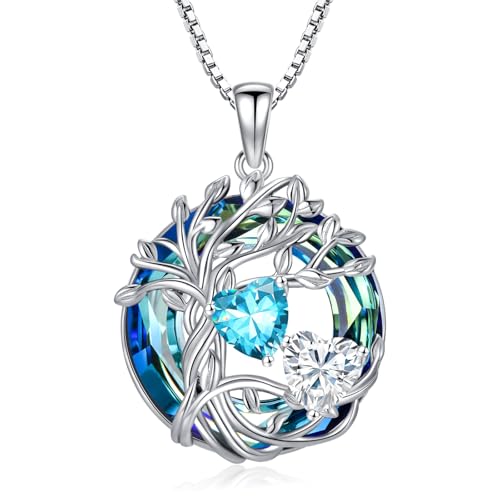 TOUPOP s925 Sterling Silver Family Celtic Tree of Life Pendant Necklaces with 2 Heart Birthstone with Blue Austrian Crystal Jewelry Birthday Valentines Day Gifts for Her, Anniversary Christmas Gifts for Wife Girlfriend Mom (18K Real White Gold Filled) - c
