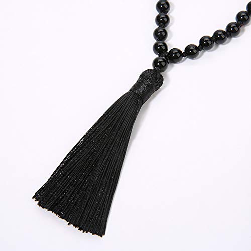 8MM Beads Chakra Long Mala Necklace Natural Stone Meditation Statement Necklace Japa Yoga Buddhist Rosary Prayer Charm Beaded Tassel Necklace - color: Black Agate