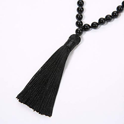 8MM Beads Chakra Long Mala Necklace Natural Stone Meditation Statement Necklace Japa Yoga Buddhist Rosary Prayer Charm Beaded Tassel Necklace - color: Black Agate