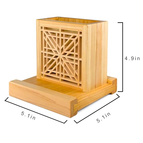 Handmade Hinoki Wood Desk Decor, Japanese Zen Wooden Pen Holder, Handcrafted Office Art, Kumiko Art (White) - color: White